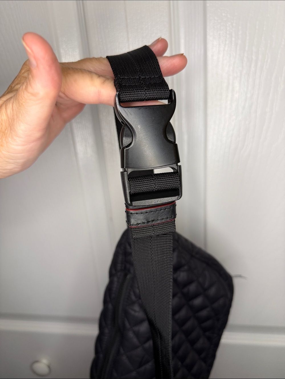 MZ Wallace Black Quilted Sling BELT bag with Red Trim - Picture 3 of 8